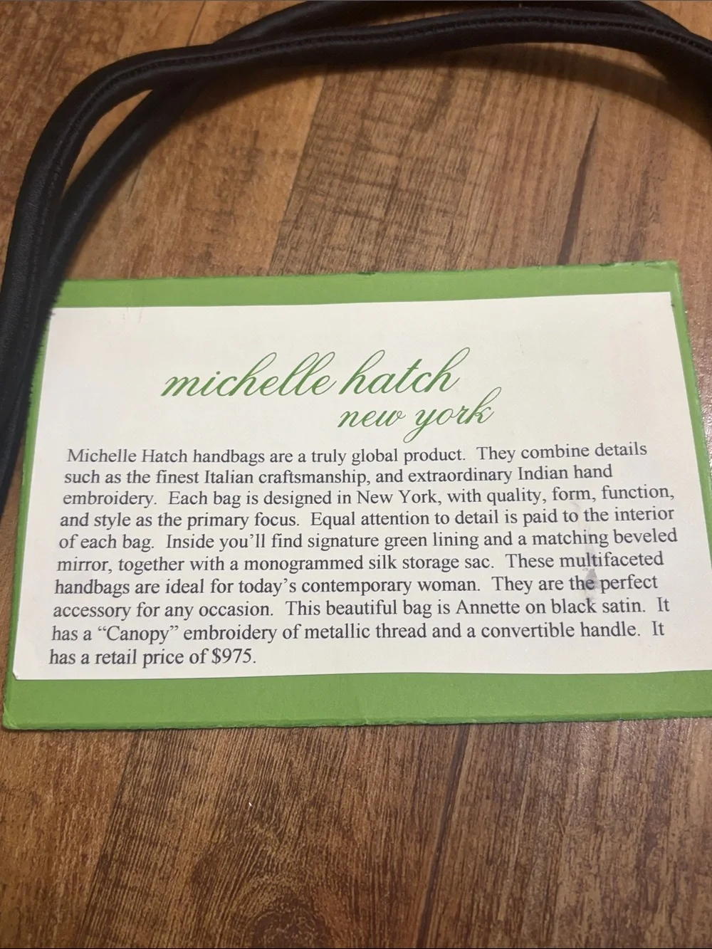 Michelle hatch New York black satin canopy embroidered handbag purse